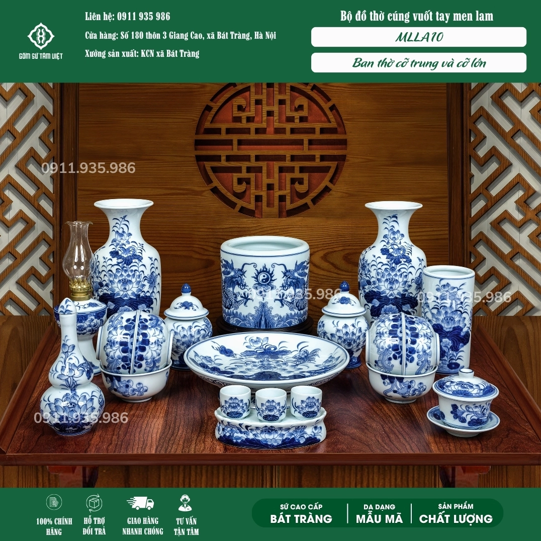 Bộ đồ thờ Bát Tràng men lam vuốt tay cho ban thờ dài 89cm - 107cm MLLA10