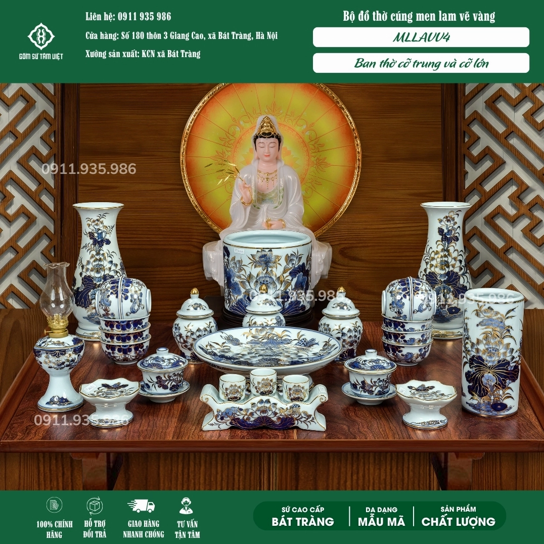 Bộ đồ thờ Bát Tràng men lam vuốt tay vẽ vàng cho bàn thờ gia tiên