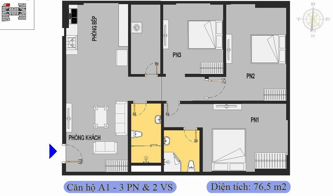 Căn 76,5m2 được thiết kế 3 phòng ngủ & 2 vệ sinh