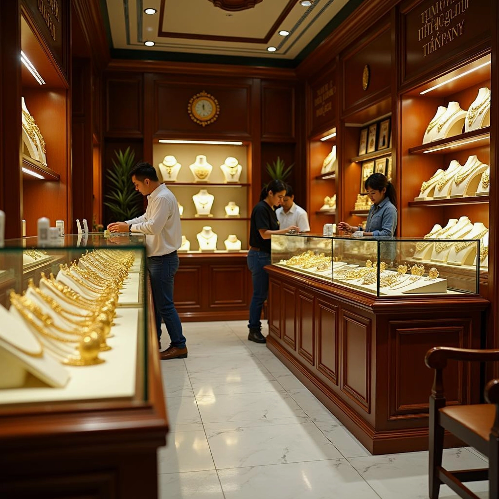 Không gian bên trong Tiệm Vàng Hồng Phúc tại Mỹ Tho với các quầy trang sức lấp lánh và nhân viên đang tư vấn khách hàng về giá vàng hồng phúc mỹ tho và các sản phẩm đa dạng.