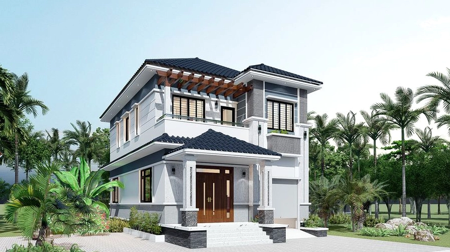 Kiến trúc hiện đại với hình khối mạch lạc, mái dốc nhẹ và hệ cửa lớn giúp ngôi nhà luôn thông thoáng, đón sáng tự nhiên hiệu quả