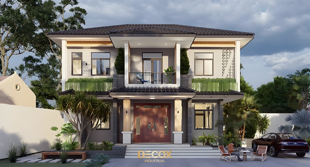 Mái Nhật tinh giản kết hợp mặt tiền hiện đại với cửa kính lớn và ban công rộng, giúp ngôi nhà luôn đón ánh sáng tự nhiên và thông thoáng