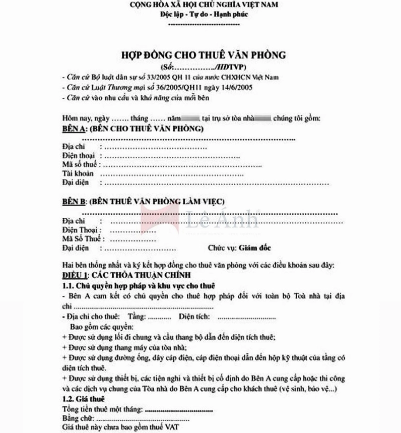 Mẫu hợp đồng thuê văn phòng - (Tham khảo chung cho hợp đồng thuê nhà)