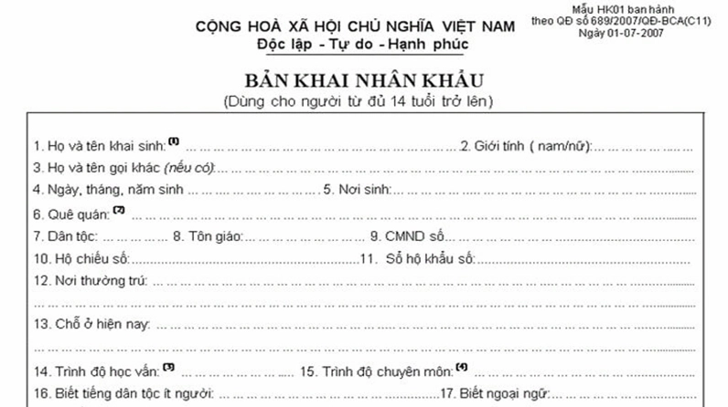Mẫu tờ khai thay đổi thông tin cư trú (Bản khai nhân khẩu)