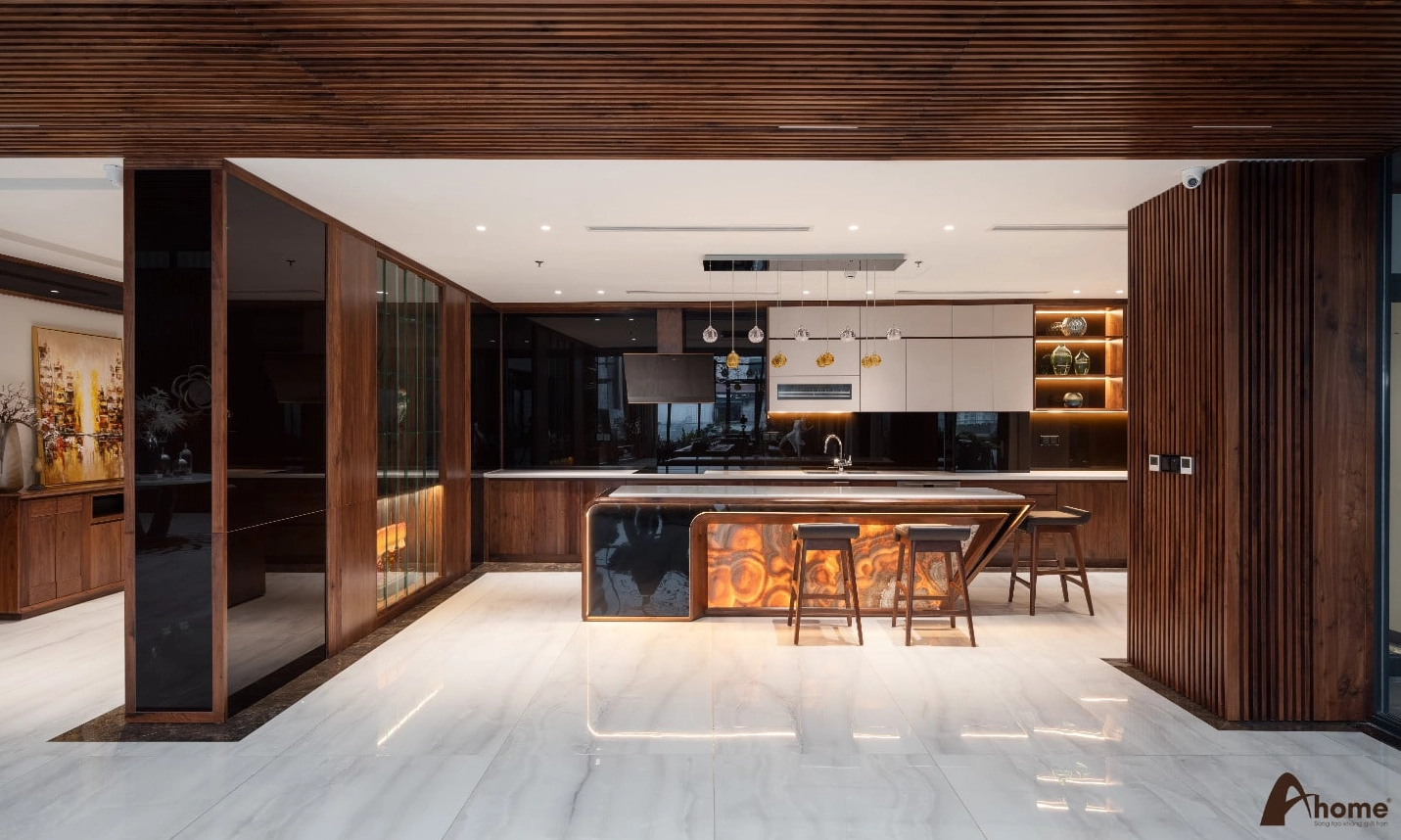 Mẫu tủ bếp gỗ óc chó đẹp, hiện đại