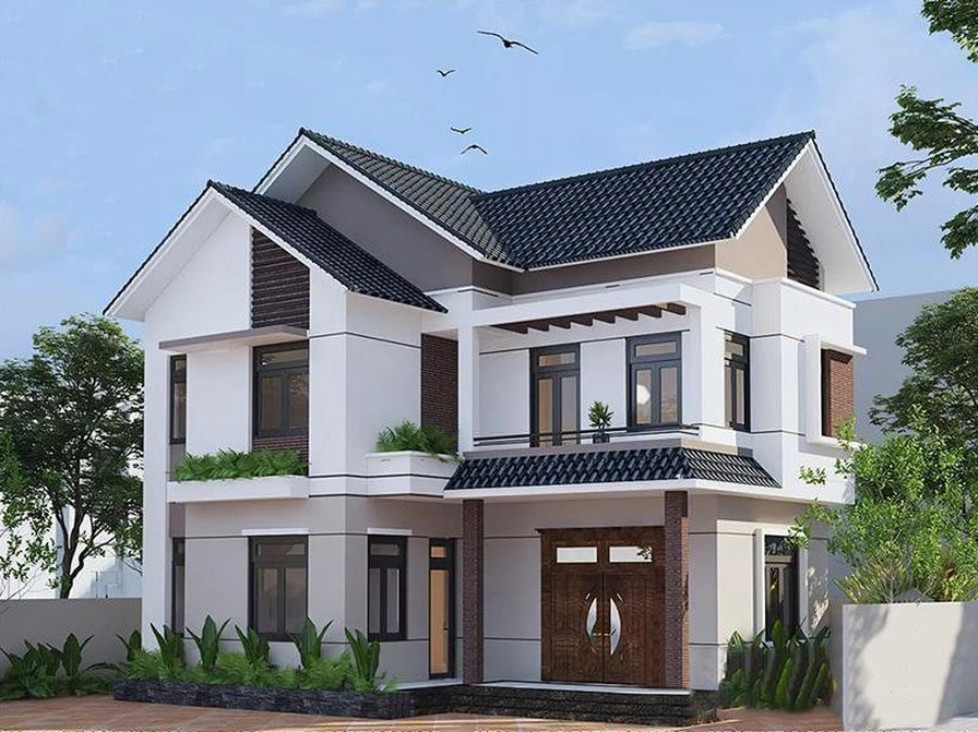 Nhà nhà 2 tầng 4 phòng ngủ, 1 phòng thờ hiện đại với khối kiến trúc vững chãi, mái giật cấp và các mảng xanh tinh tế