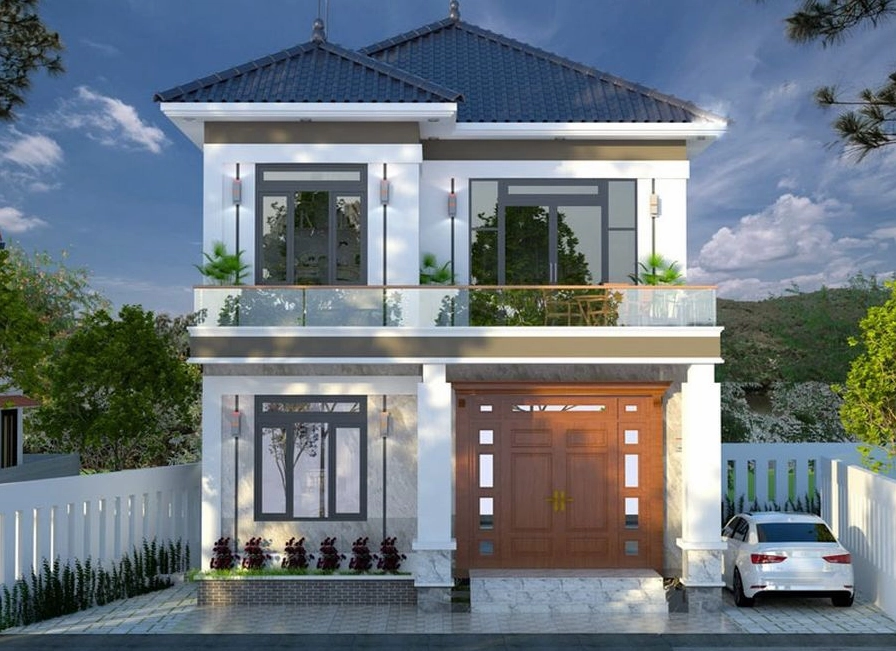 Nhà phố 2 tầng với bố cục đối xứng, hình khối rõ ràng và tỷ lệ kiến trúc cân đối mang lại cảm giác vững chãi, chỉn chu