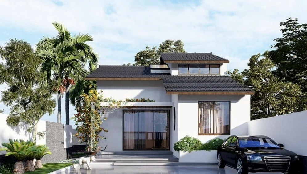 Thiết kế mặt tiền nhà cấp 4 có gác lửng và sân vườn thoáng đãng